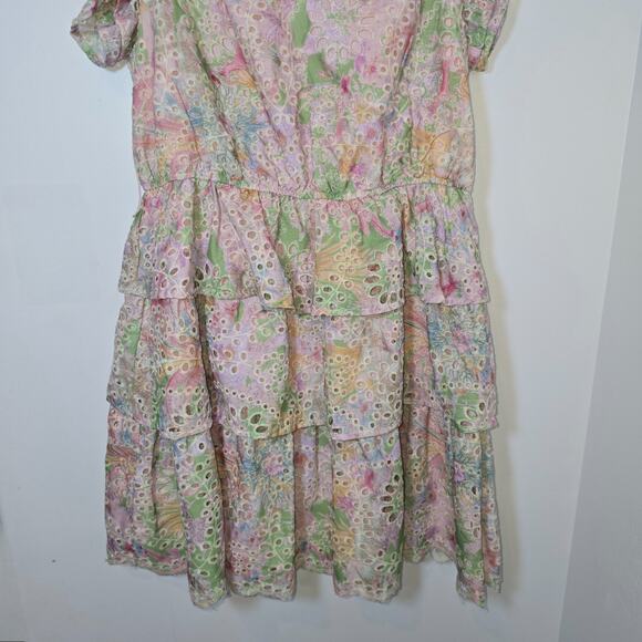 FATE Tiered Floral Dress Pink Sleeveless Eyelet Lined Womens Small V-Neck - Picture 5 of 11